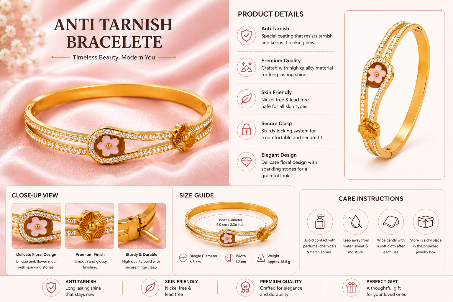 Anti Tarnish Floral Pink Gold-Tone Bracelet - Image 4
