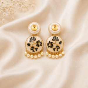 Elegant Black Floral & Pearl Drop Earrings