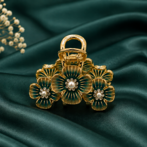 Gold Plated Green Flower Hair Clutcher with Pearl Rhinestones