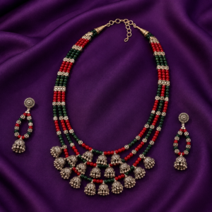 Oxidized Silver Layered Jhumka Necklace Set with Red & Green Crystal Beads