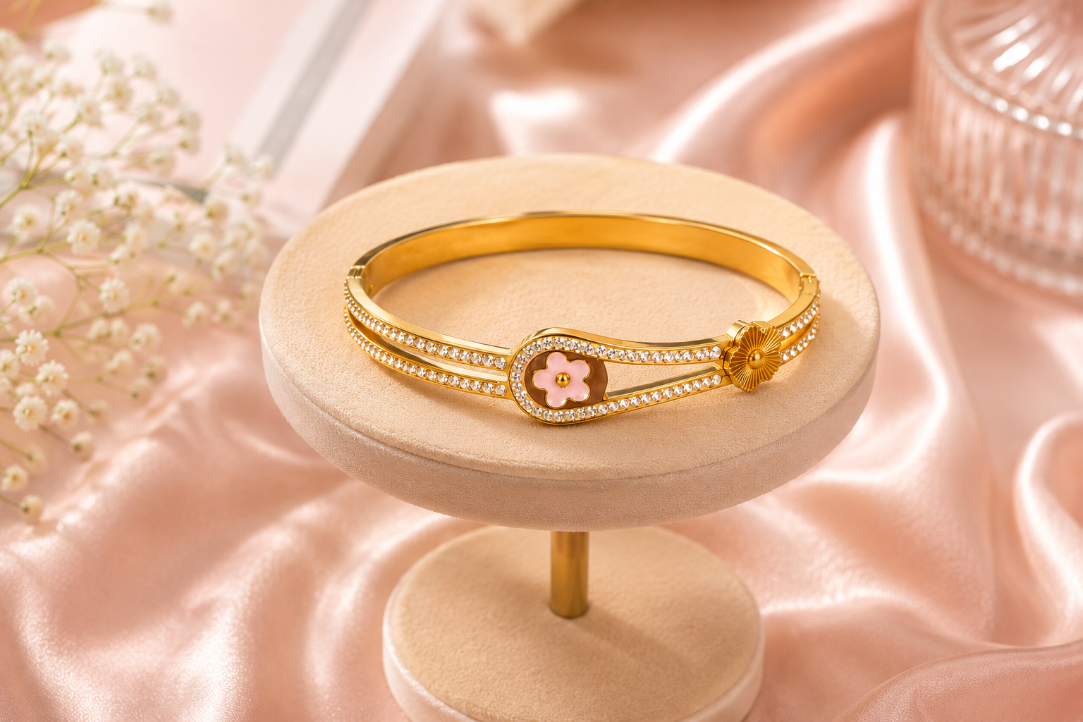 Anti Tarnish Floral Pink Gold-Tone Bracelet - Image 2