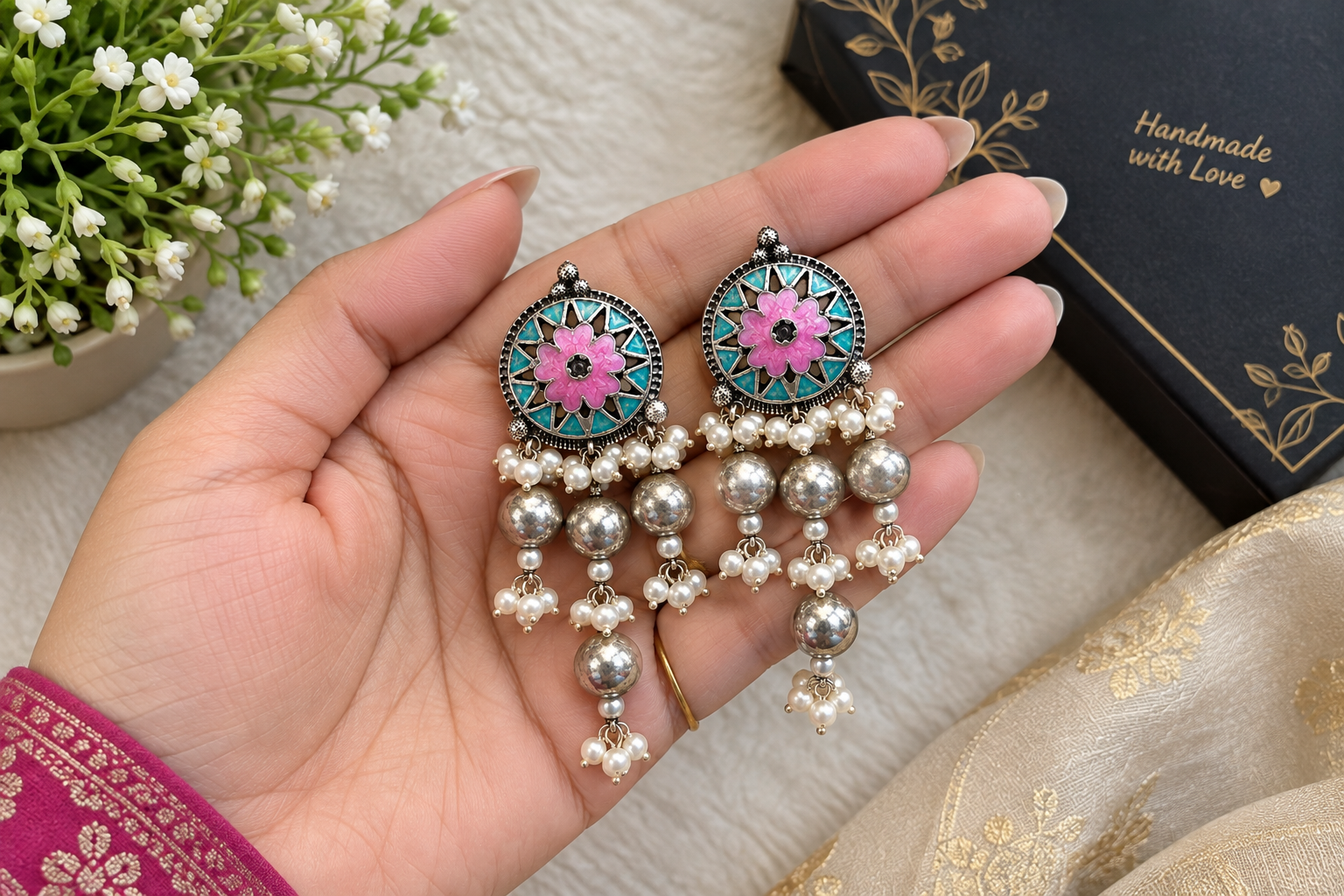 Traditional Pink Floral Jhumka Earrings - Image 3