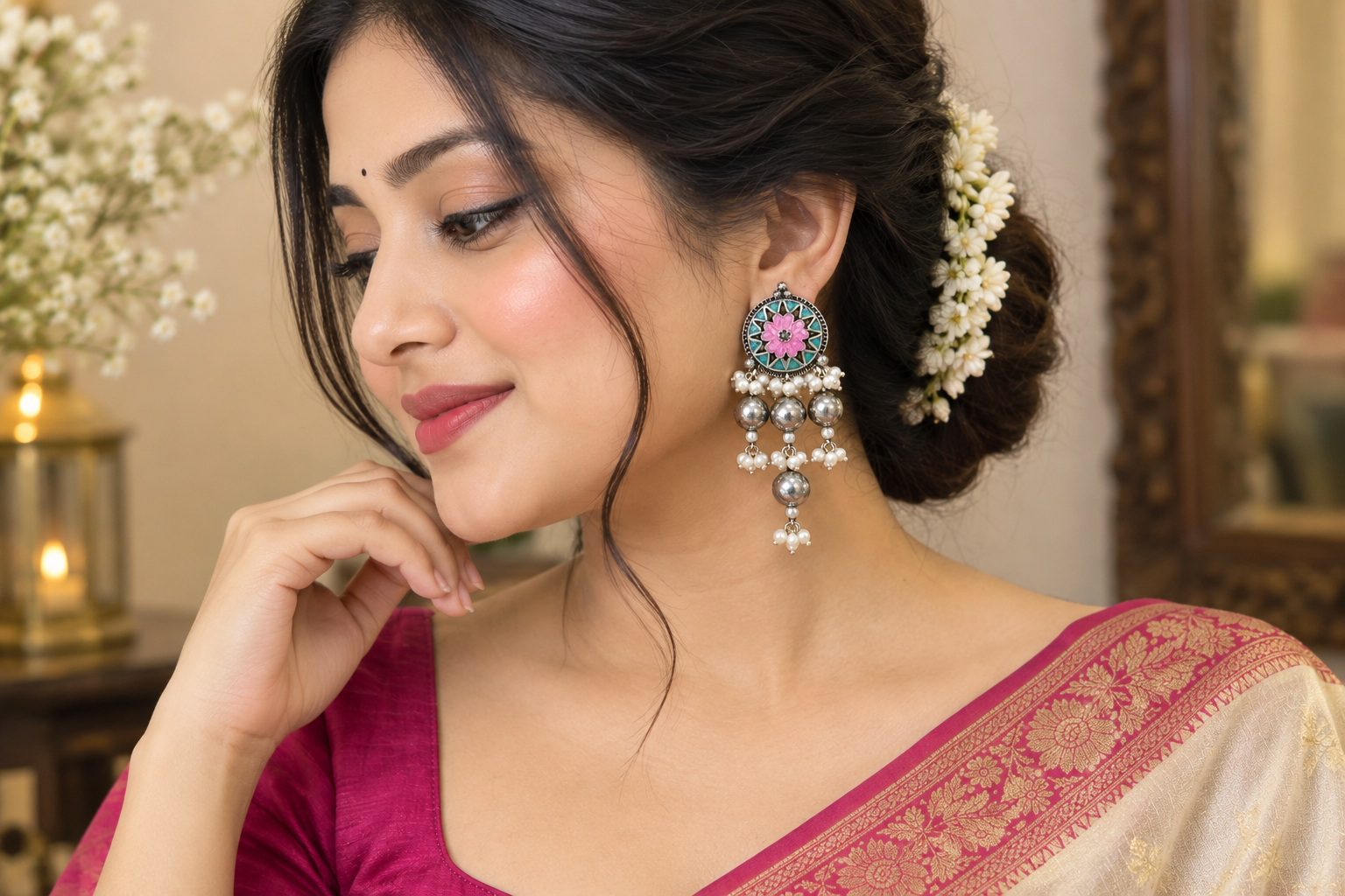 Pearl Bead Pink Jhumka Earrings