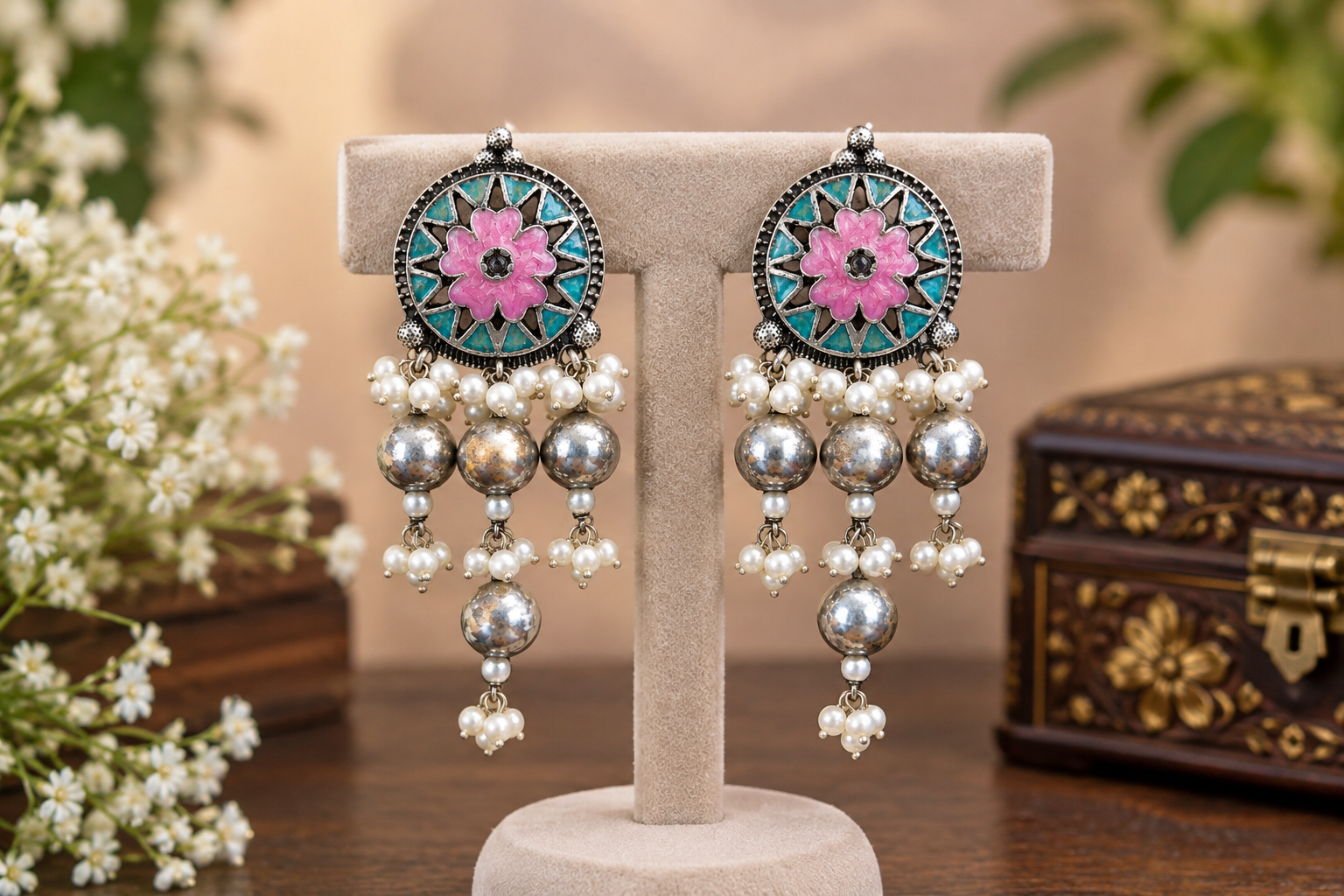 Traditional Pink Floral Jhumka Earrings