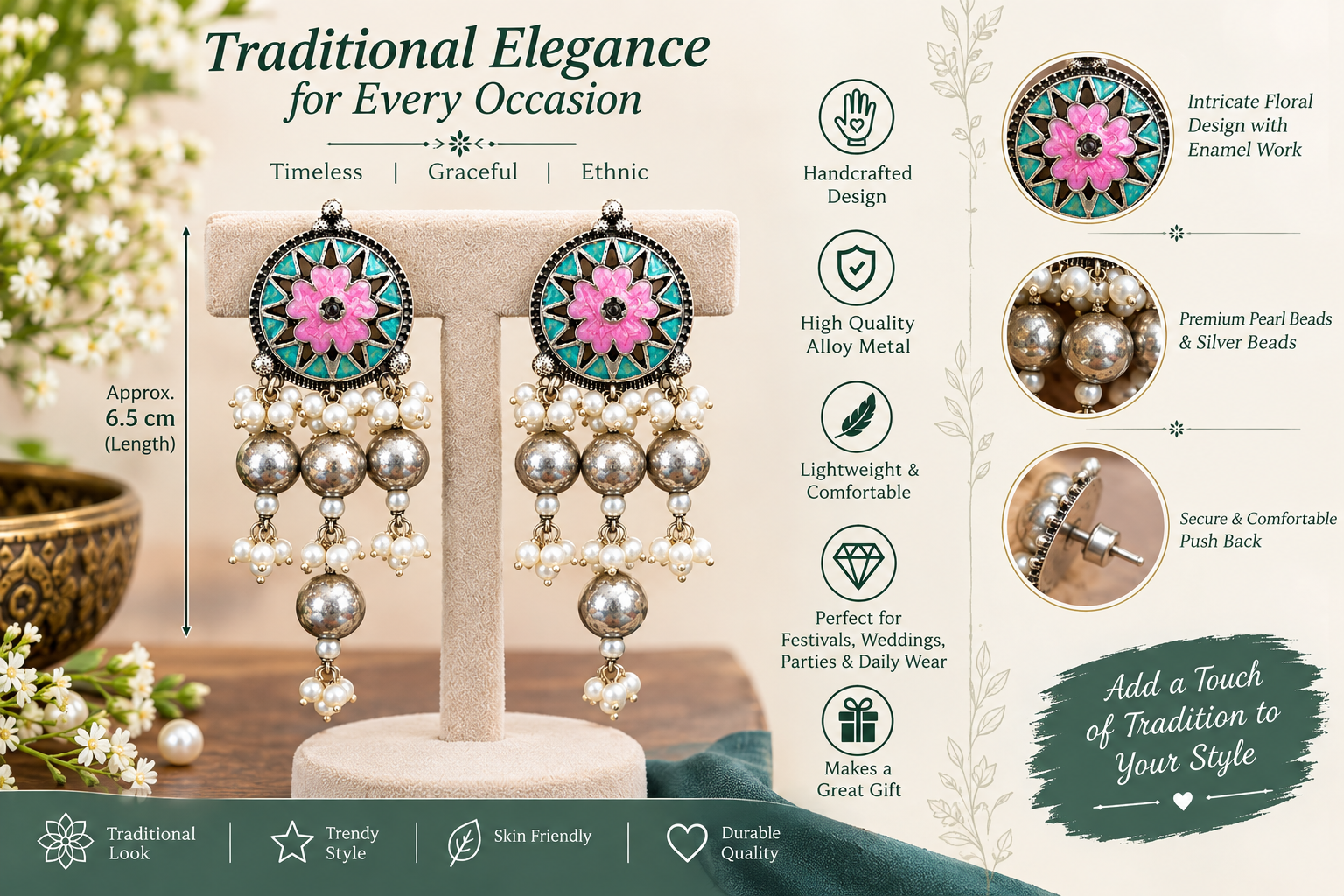 Traditional Pink Floral Jhumka Earrings - Image 4